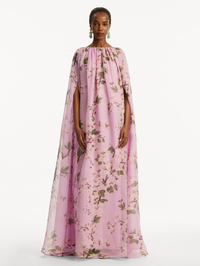 Model wearing pink cherry blossom caftan. Front View.