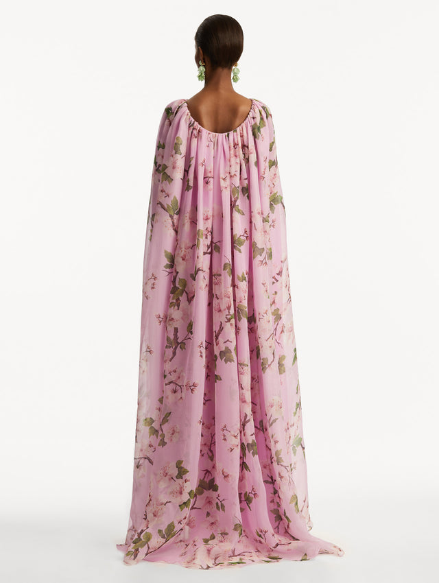 Model wearing pink cherry blossom caftan. Back View.
