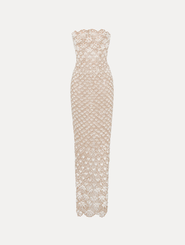 Pearl Embroidered Scallop Strapless Gown
Front View