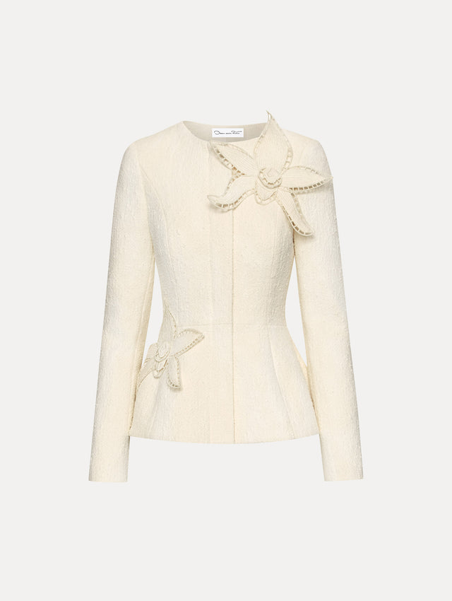 Ivory Orchid Embroidered Tweed Jacket Front View