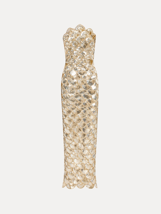 Champagne Sequin Scallop Embroidered Strapless Gown Front View