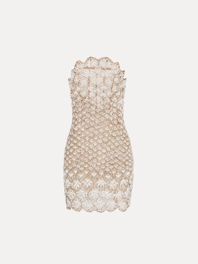 Pearl Embroidered Scallop Strapless 
 Mini Dress Front View