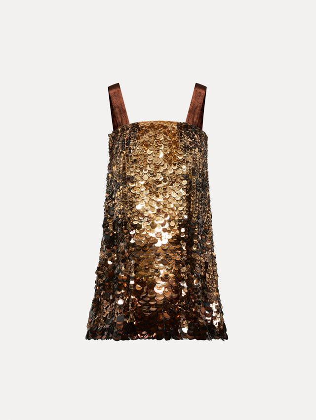 Ombre Paillette Sequin Cocktail Sleeveless Mini Dress with Velvet Straps in Gold Front View