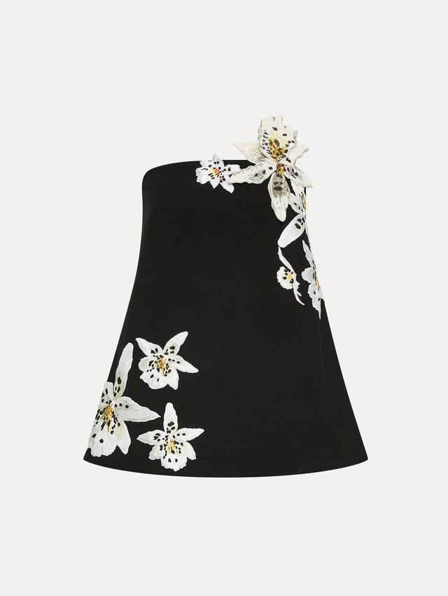 Watercolor Orchid Black Strapless Blouse Front View