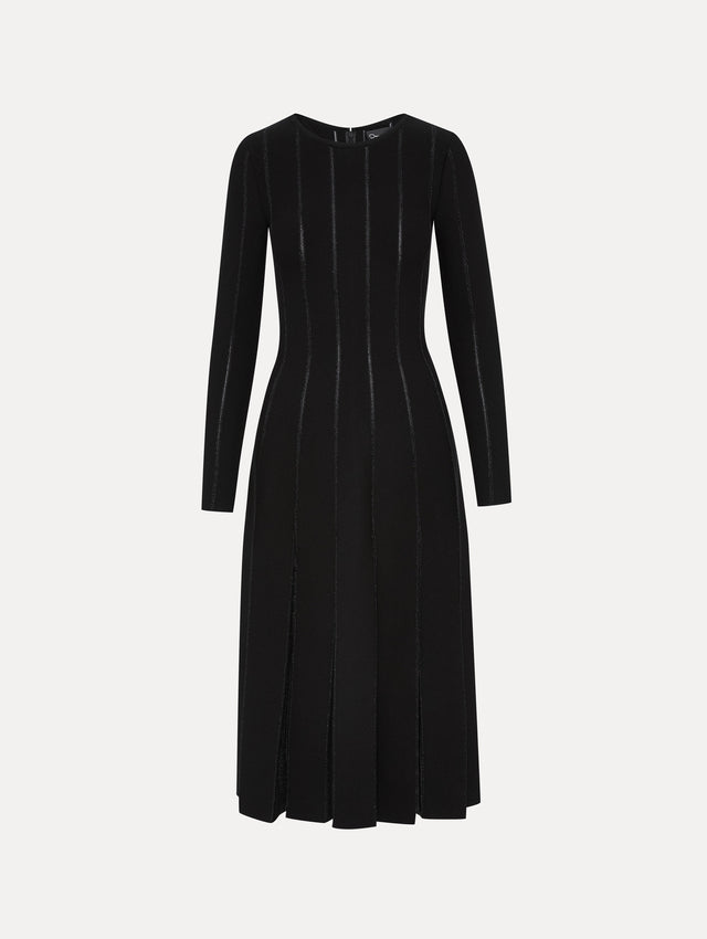Black Pleated Inset Knit Long Sleeve Dress Front View