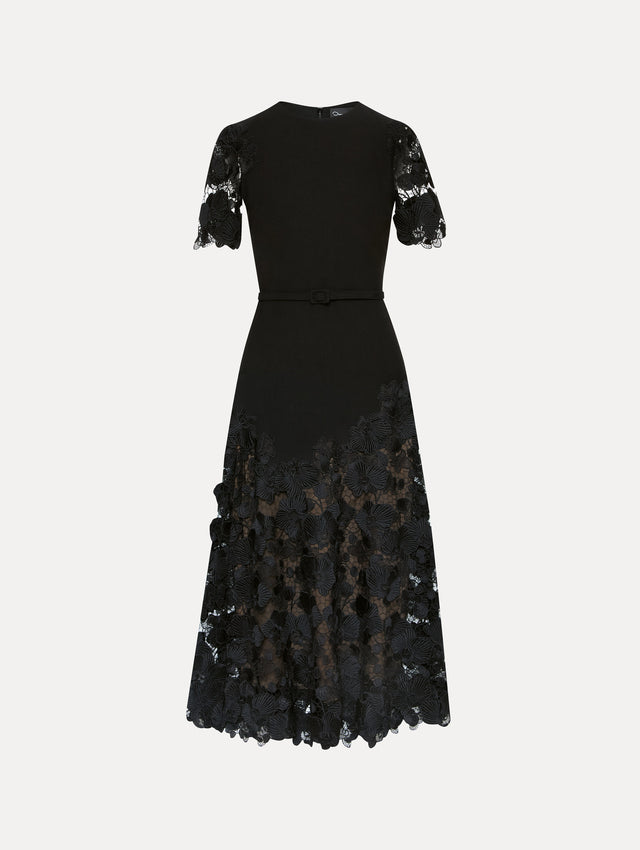 Black Orchid Guipure Lace Inset Short Sleeve Dress with Transparencies in Sleeves and Bottom, and Black Belt. Front View