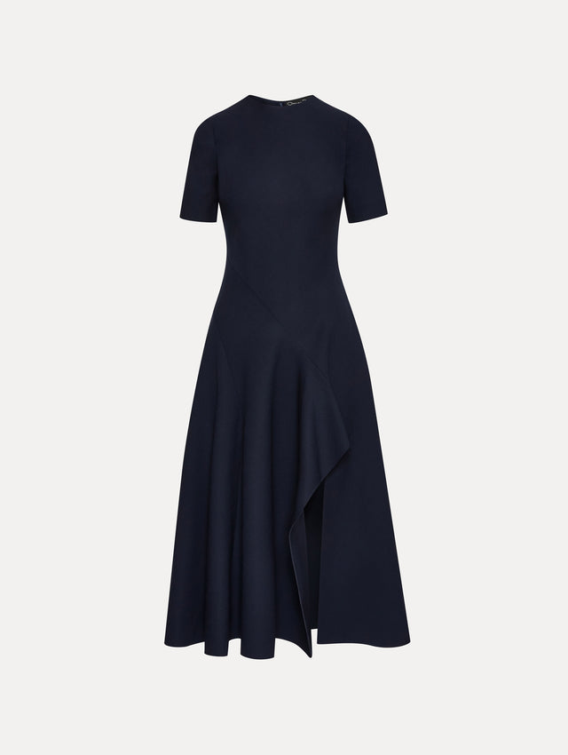 Navy Wave Detail Short Sleeve Midi Dress Front View