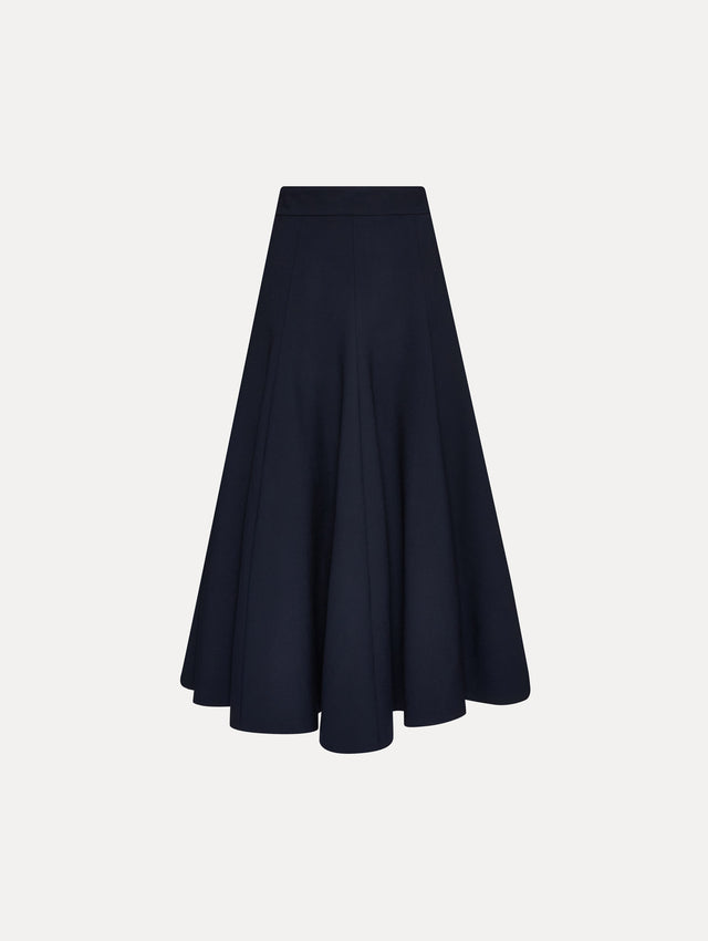 Navy Flared Stretch Wool Skirt Front View