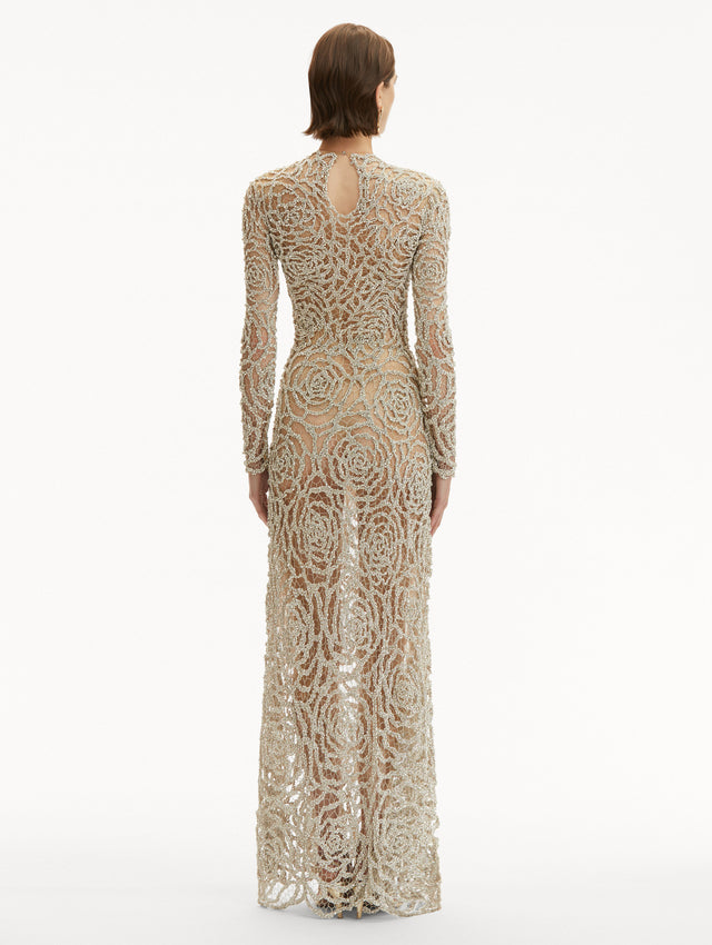 English Rose Crystal Embroidered See Through Long Sleeve Gown Back View