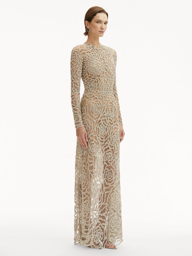 English Rose Crystal Embroidered See Through Long Sleeve Gown Side View