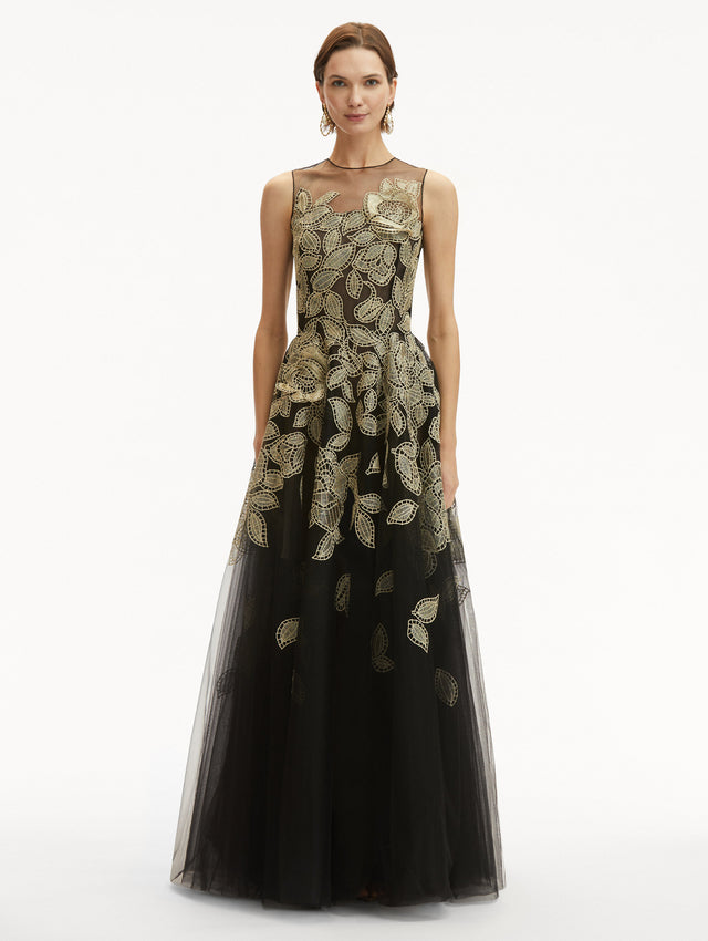 Gold Foil Rose Appliqué Black Tulle Sleeveless Gown Front View