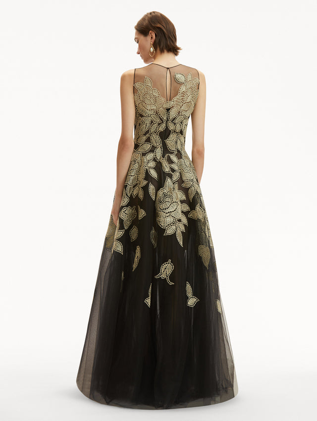 Gold Foil Rose Appliqué Black Tulle Sleeveless Gown Back View