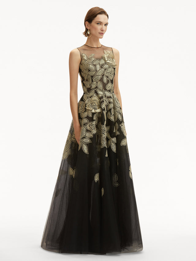 Gold Foil Rose Appliqué Black Tulle Sleeveless Gown Side View