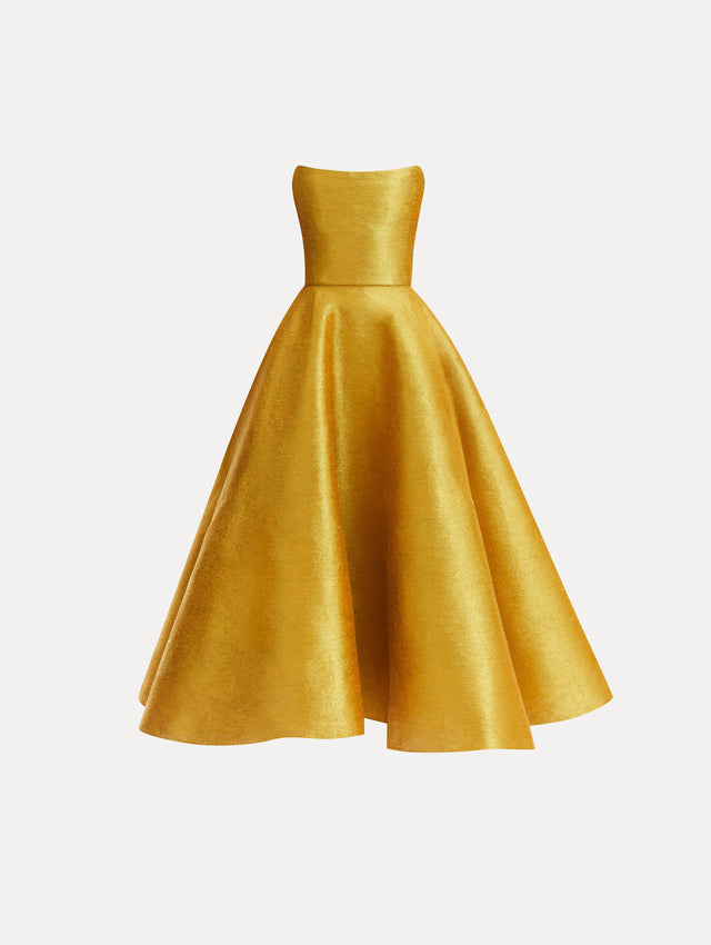 Strapless Yellow/Gold Metallic Threadwork Cocktail Dress Front View