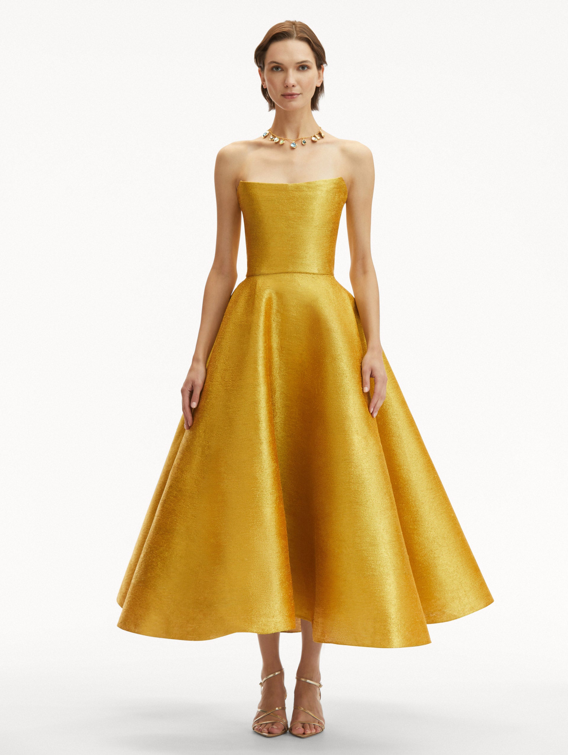 metallic tea length dress Jovani 40314 - Tea-Length Metallic Jacquard A-line Dress