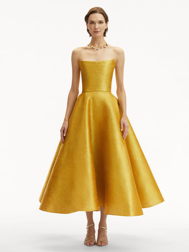 Strapless Yellow/Gold Metallic Threadwork Cocktail Dress Front View