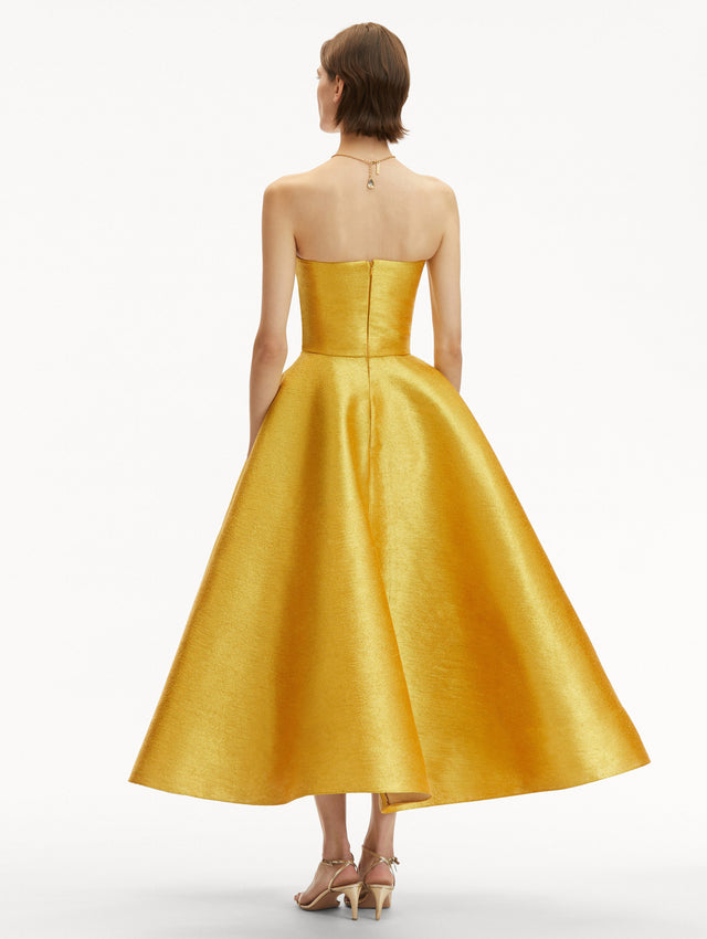 Strapless Yellow/Gold Metallic Threadwork Cocktail Dress Back View