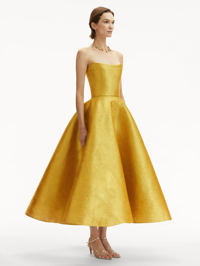Strapless Yellow/Gold Metallic Threadwork Cocktail Dress Side View