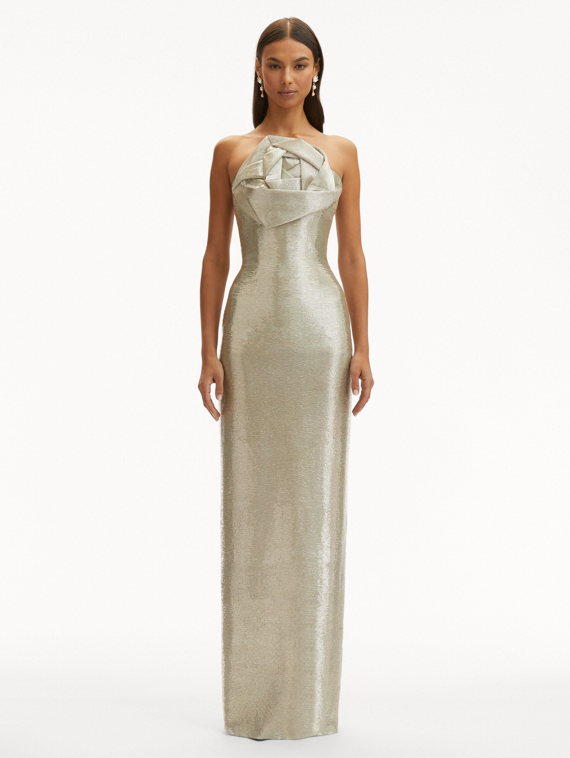 Rosette Bugle Bead Column Gown