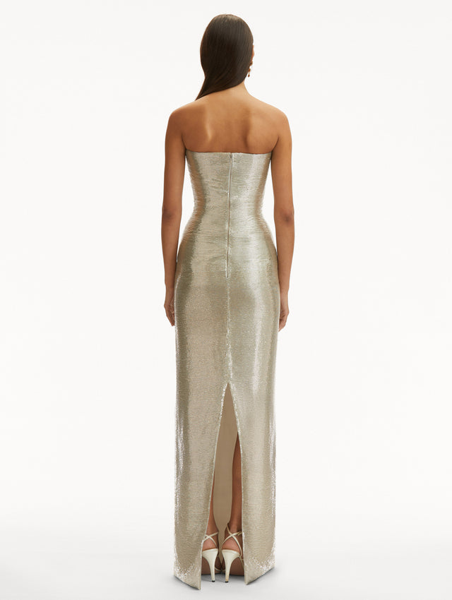 Silver Strapless Rosette Bugle Bead Column Gown Back View