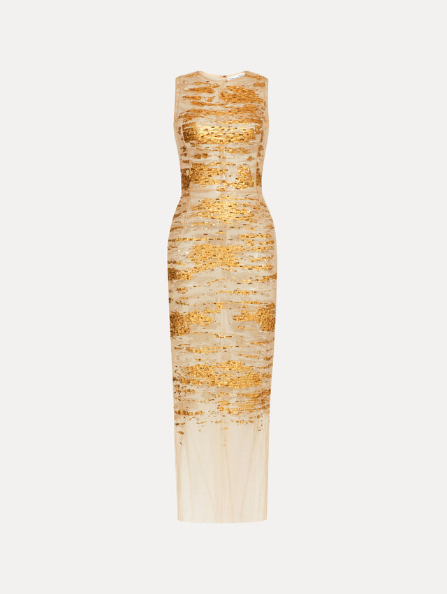 Gold Foil Sequin Embroidered Translucent Sleeveless Dress Front View