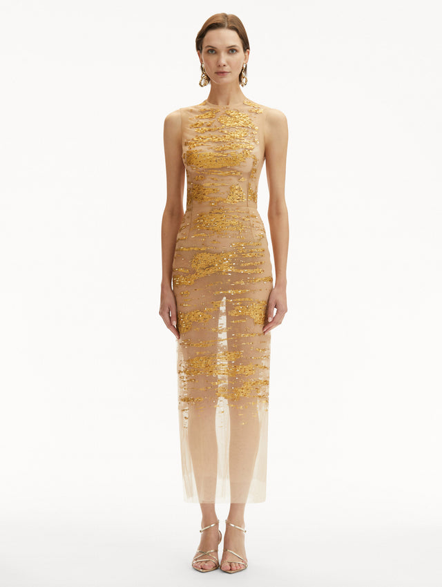 Gold Foil Sequin Embroidered Translucent Sleeveless Dress Front View