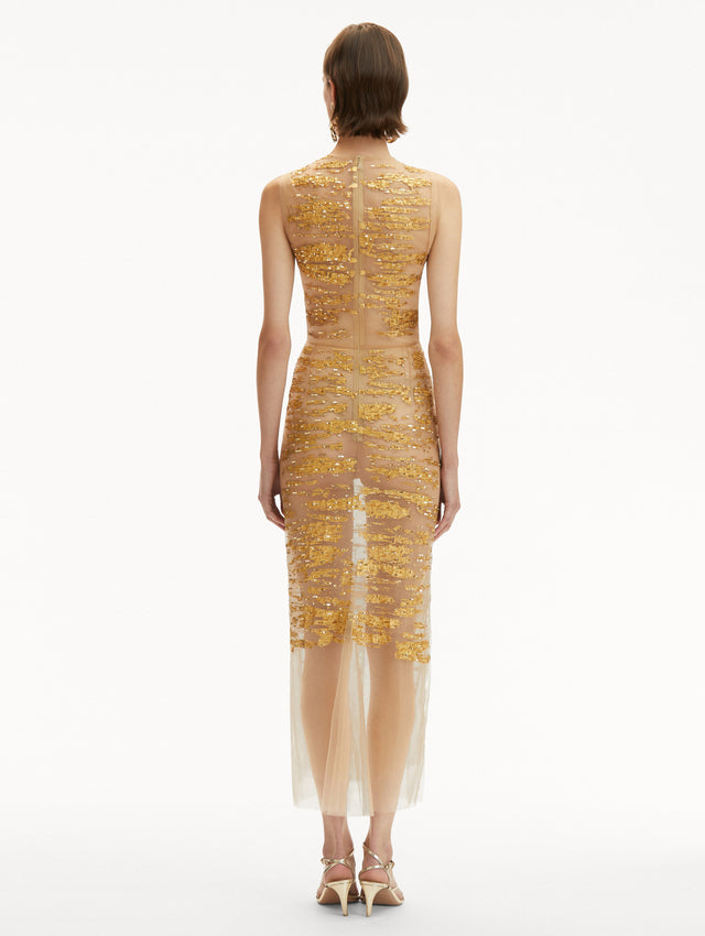 Gold Foil Sequin Embroidered Translucent Sleeveless Dress Back View