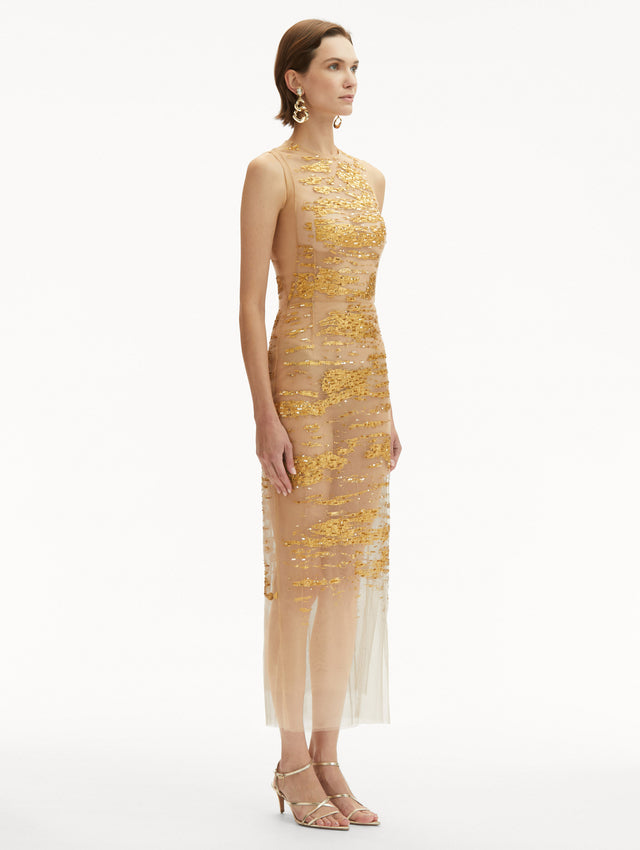 Gold Foil Sequin Embroidered Translucent Sleeveless Dress Side View