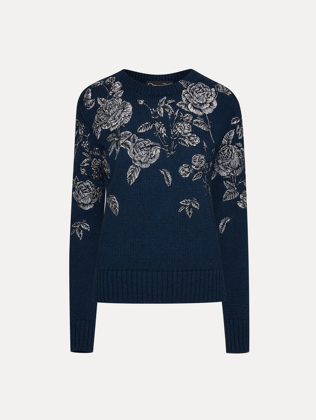 Navy Rose Embroidered Pullover Front View