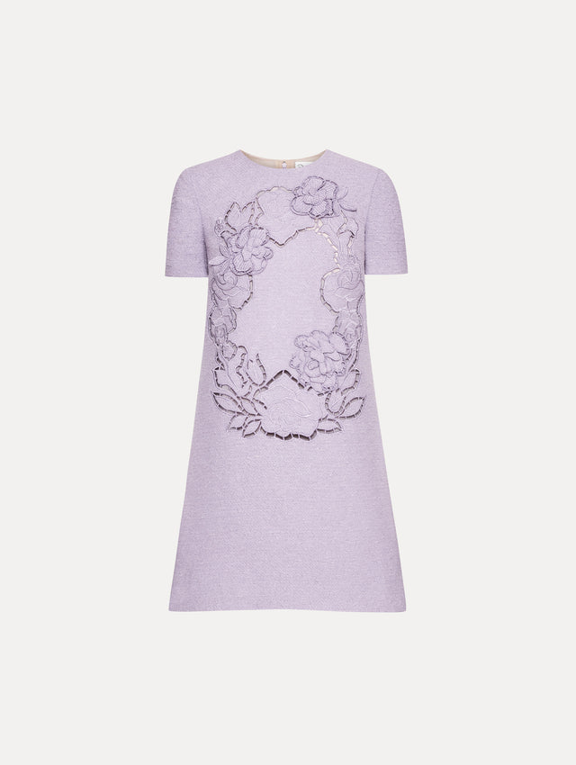 Lavender English Rose Cutout Tweed Shift Mini Dress with Short Sleeves Front View