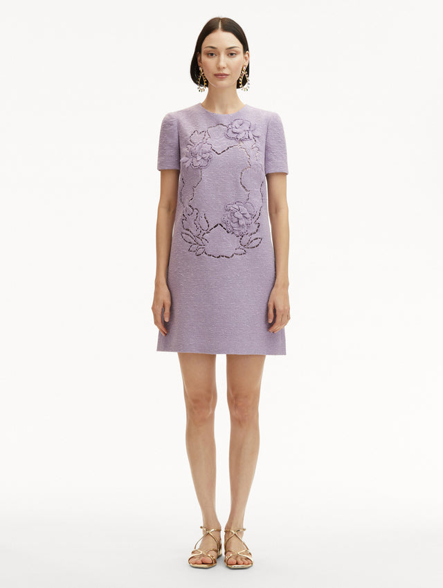 Lavender English Rose Cutout Tweed Shift Mini Dress with Short Sleeves Front View