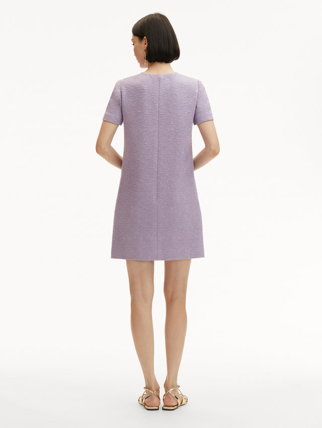 Lavender English Rose Cutout Tweed Shift Mini Dress with Short Sleeves Back View