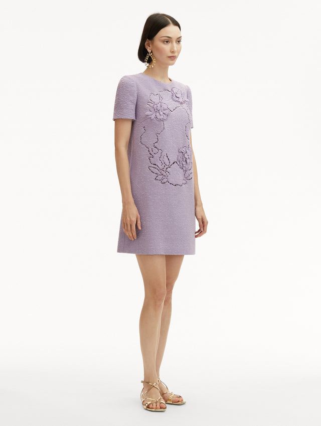 Lavender English Rose Cutout Tweed Shift Mini Dress with Short Sleeves Side View