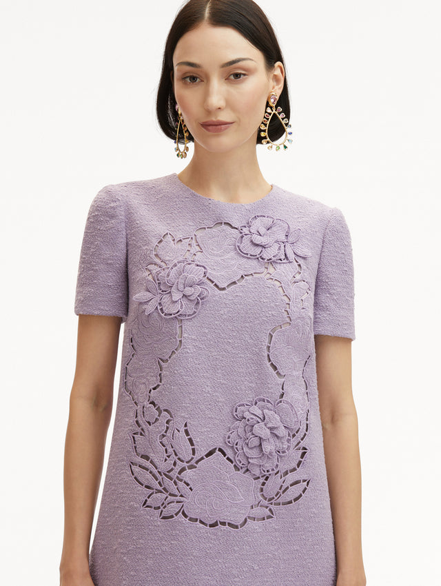 Lavender English Rose Cutout Tweed Shift Mini Dress with Short Sleeves Zoom View