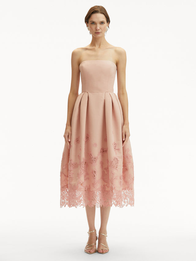 Blush Pink Bellflower Guipure Lace in the Bottom Strapless Cocktail Midi Dress Front View
