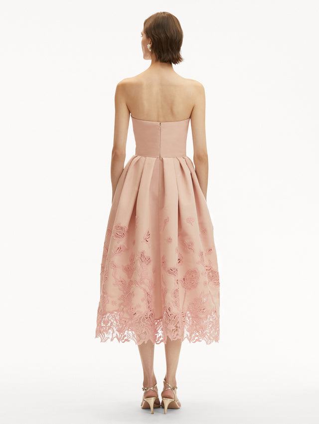 Blush Pink Bellflower Guipure Lace in the Bottom Strapless Cocktail Midi Dress Back View