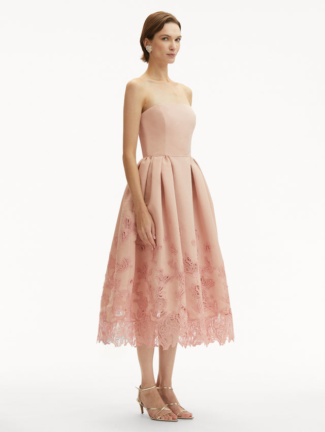 Blush Pink Bellflower Guipure Lace in the Bottom Strapless Cocktail Midi Dress Side View