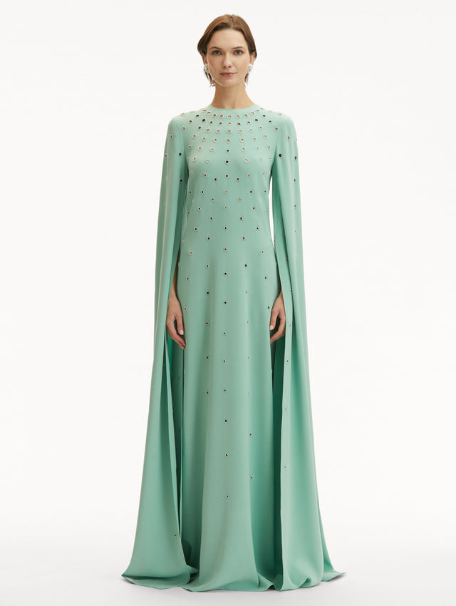 Pearl Eyelet Embroidered Caftan in Teal Front View