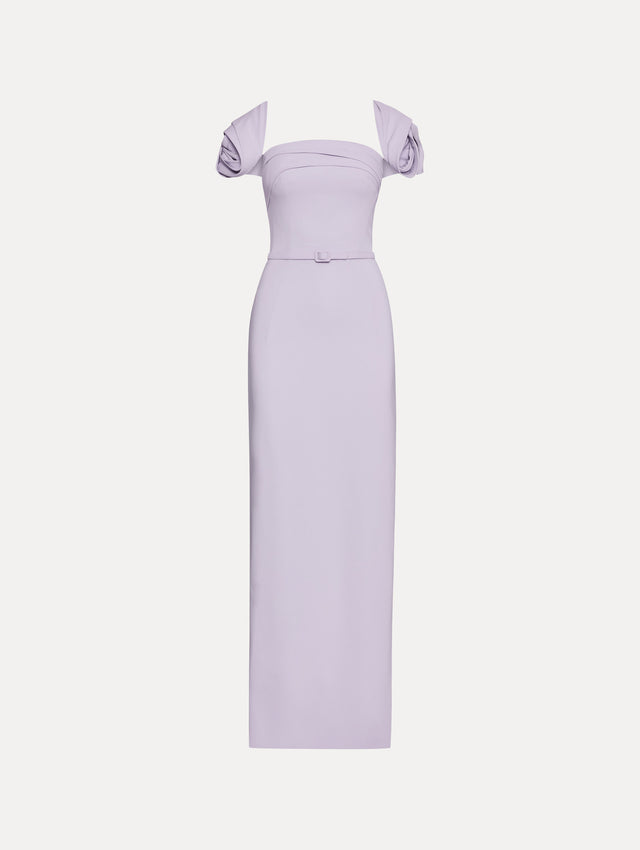 Lavender Rosette Sleeve Column Gown with Matching Belt Front View