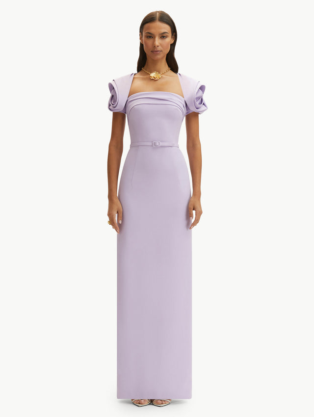 Lilac Rosette Sleeve Column Gown, with Lilac Belt. Front View
