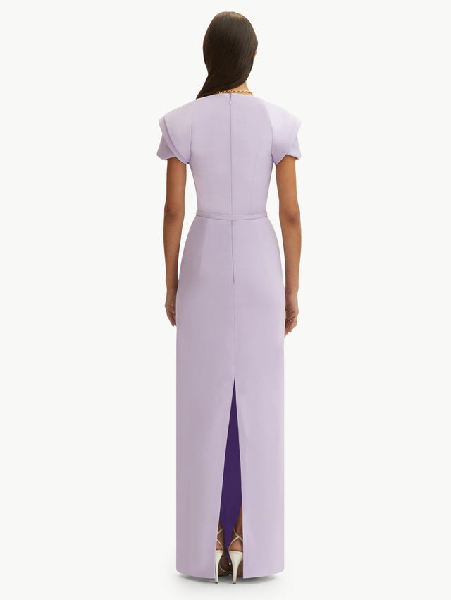 Lilac Rosette Sleeve Column Gown, with Lilac Belt. Back View