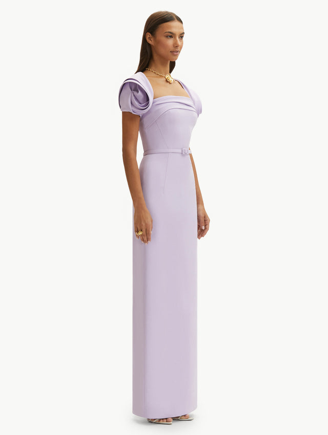 Lilac Rosette Sleeve Column Gown, with Lilac Belt. Side View