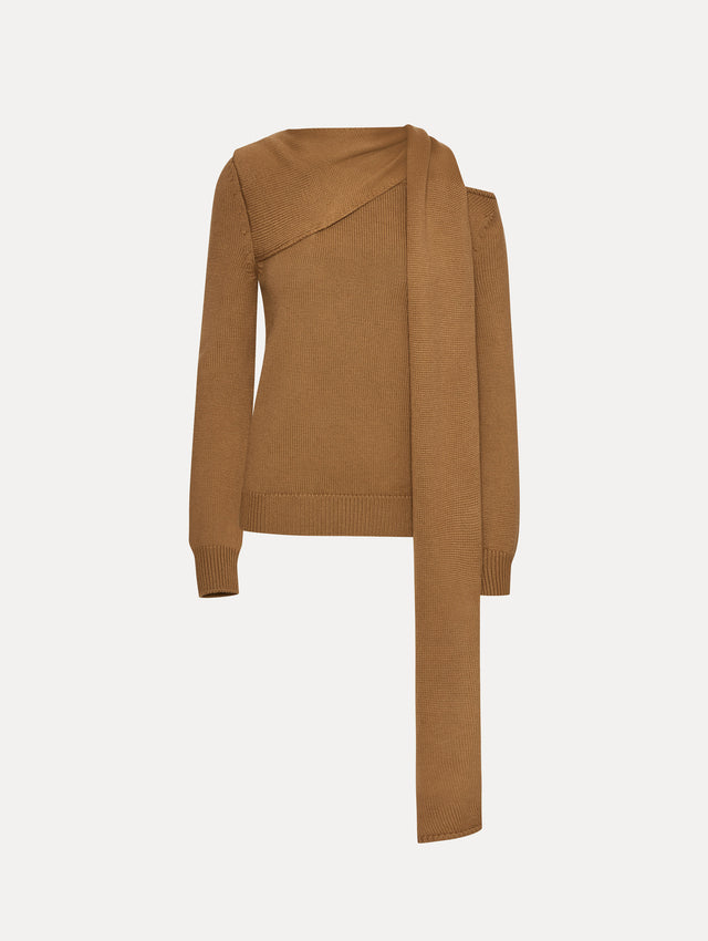 Draped-Detail Cold Shoulder Walnut Pullover Front View