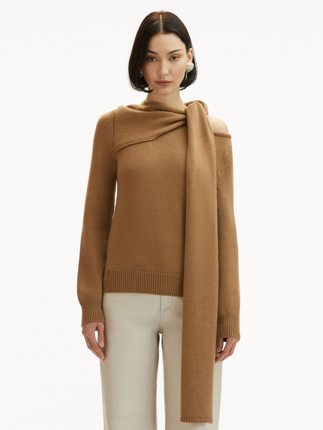 Draped-Detail Cold Shoulder Walnut Pullover Styled with White Jeans Front View