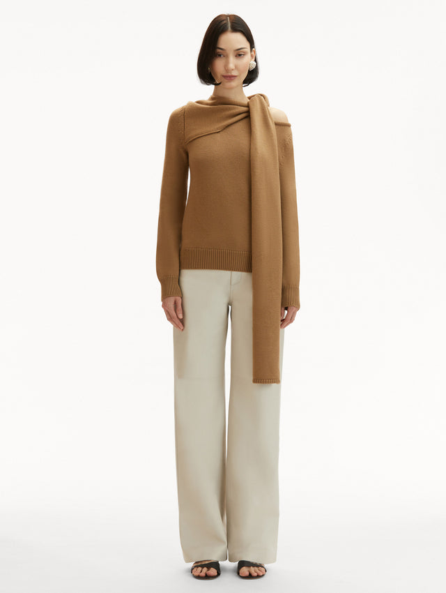 Draped-Detail Cold Shoulder Walnut Pullover Styled with White Jeans Front View