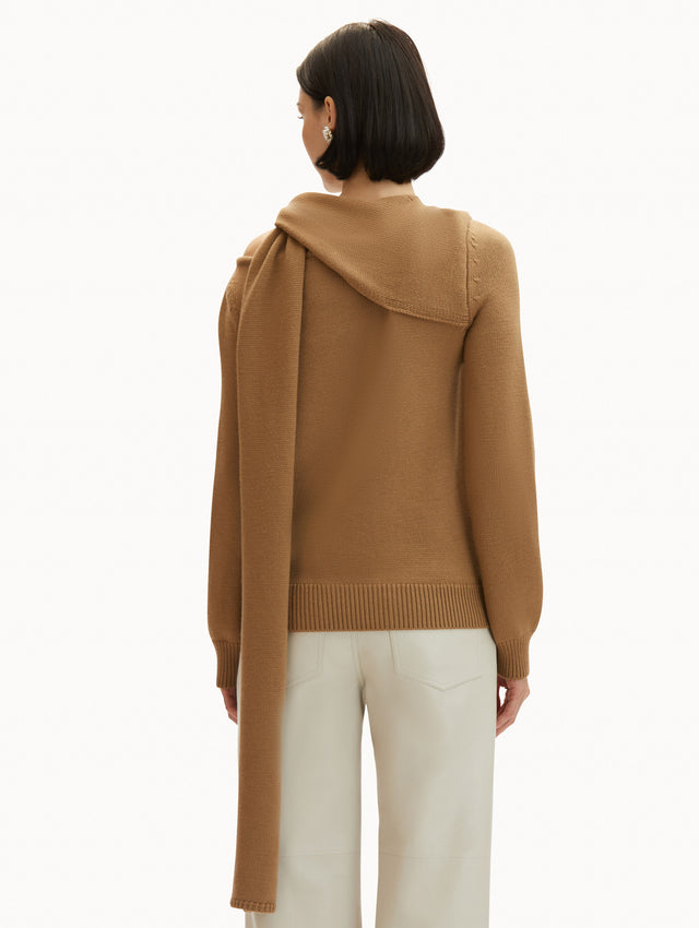 Draped-Detail Cold Shoulder Walnut Pullover Styled with White Jeans Back View