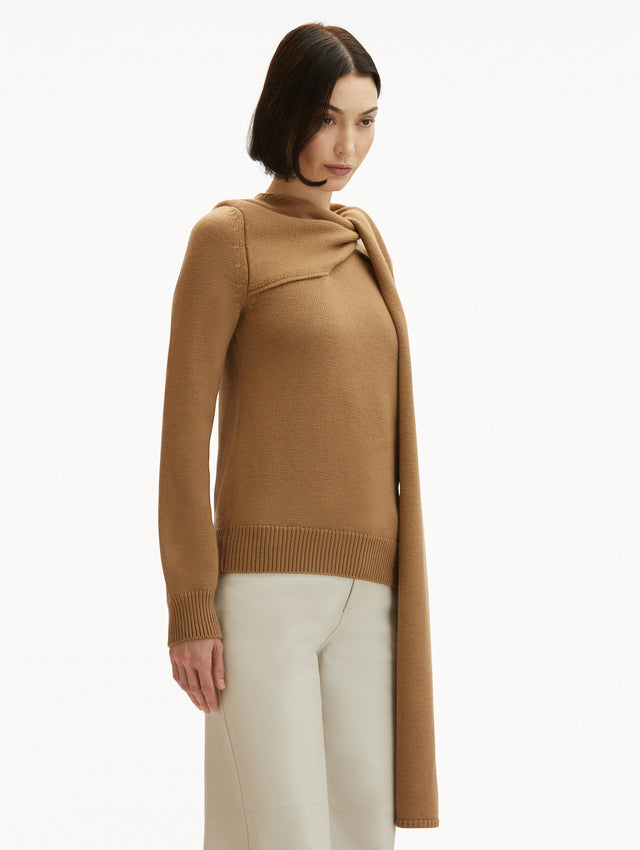 Draped-Detail Cold Shoulder Walnut Pullover Styled with White Jeans Side View