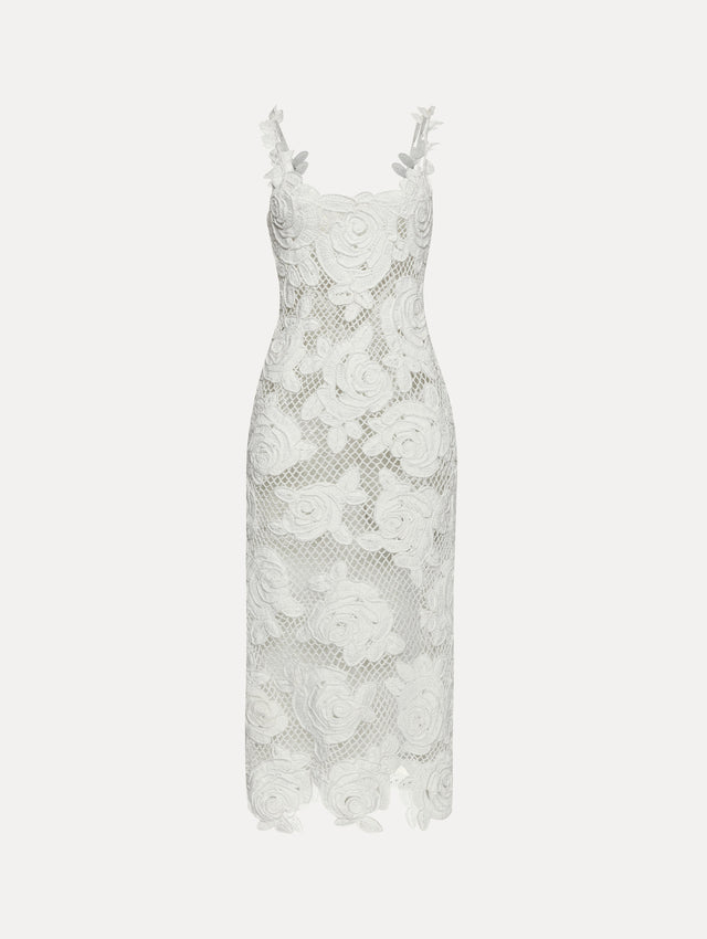 White English Rose Crochet Sleeveless Midi Dress Front View