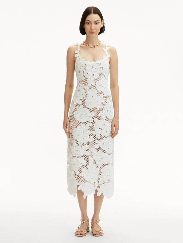 White English Rose Crochet Sleeveless Midi Dress Front View