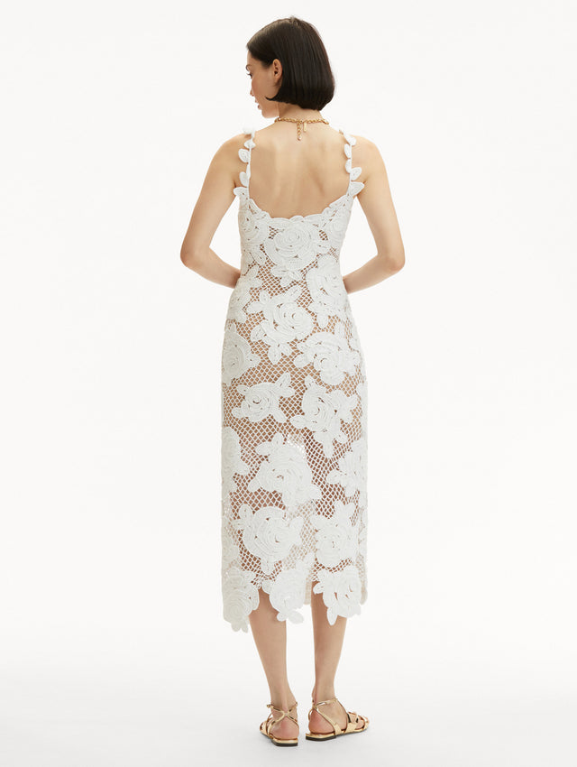 White English Rose Crochet Sleeveless Midi Dress Back View